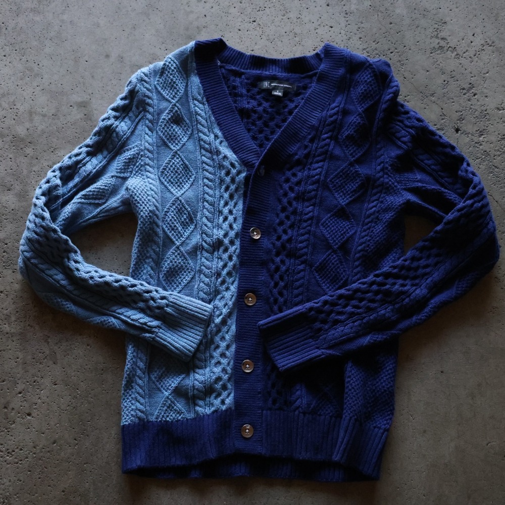 INC International Concepts Colorblock Cable Knit Cardigan Size Small Blue